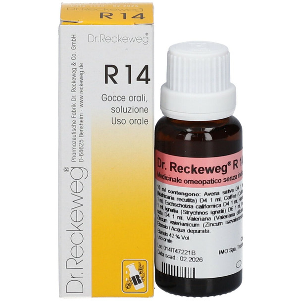 Reckeweg R14 Rimedio Omeopatico Contro l'Insonnia Confezione 22 Ml  Rimedio omeopatico in gocce, indicato per il trattamento dell’insonnia e delle sindromi nevrotiche, favorendo il rilassamento e migliorando la qualità del sonno
