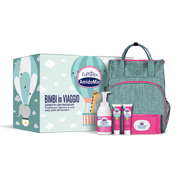 Euphidra AmidoMio Bimbi in Viaggio Cofanetto Igiene Bimbo con Zaino
Confezione 5 Pezzi

Cofanetto completo con prodotti per l’igiene e la cura della pelle del bambino, ideale per l’uso fuori casa, contenuto in un pratico zainetto con fasciatoio