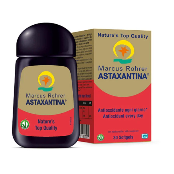 Marcus Rohrer Astaxantina Integratore Antiossidante
Confezione 30 Capsule Softgel

Integratore alimentare a base di astaxantina naturale, estratta da Haematococcus pluvialis, con attività antiossidante, fotoprotettiva e antinfiammatoria