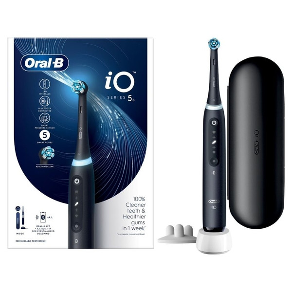 Oral-B iO5 S Spazzolino Elettrico Nero Confezione 1 Pezzo + Custodia  Spazzolino elettrico per una pulizia professionale, dotato di intelligenza artificiale per guidare il corretto spazzolamento e sensore di pressione. Include 5 modalità di pulizia personalizzabili