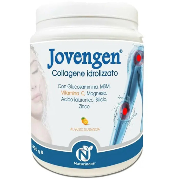 Jovengen Naturincas Integratore Collagene Idrolizzato Confezione 390 Gr  Integratore alimentare con collagene idrolizzato, acido ialuronico, glucosamina e magnesio, ideale per la salute della pelle e delle articolazioni, donando tono, compattezza e benessere articolare