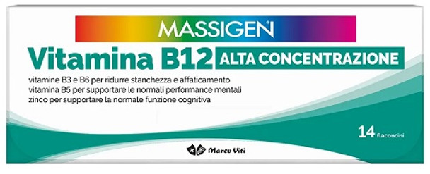 Massigen Vitamina B12 Integratore Vitaminico Confezione 14 Flaconi  Integratore alimentare con vitamina B12 ad alta concentrazione, arricchito con vitamina B6, B5, niacina e zinco. Favorisce il benessere del sistema nervoso e riduce la stanchezza
