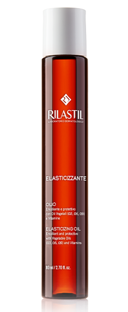 Rilastil Olio Elasticizzante Emolliente e Protettivo Confezione 80 Ml  Olio emolliente e protettivo, arricchito con oli vegetali e vitamine, per migliorare l'elasticità della pelle e trattare pelle secca, smagliature e cicatrici