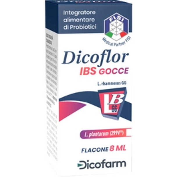 Dicofarm Dicoflor Ibs Gocce Brobiotici per Flora Intestinale Confezione 8 Ml  Integratore alimentare a base di probiotici per il benessere intestinale, utile per riequilibrare la flora batterica, favorire la digestione e ridurre gonfiore e irregolarità