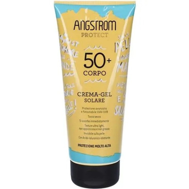 Angstrom Crema Gel Protezione Solare SPF50+ Confezione 200 Ml  Crema-gel solare ad alta protezione SPF50+, con texture leggera e assorbimento rapido. Indicata per proteggere la pelle da raggi UVA/UVB, idratando e prevenendo i danni da esposizione solare