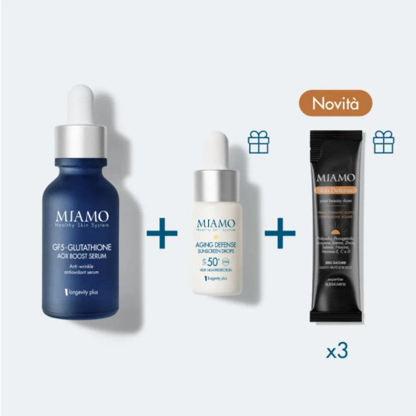 Miamo Protocollo Aox Boost & Protect Kit Antiage con Siero Glutatione, Protezione SPF50+ e Integratore Confezione 3 Pezzi