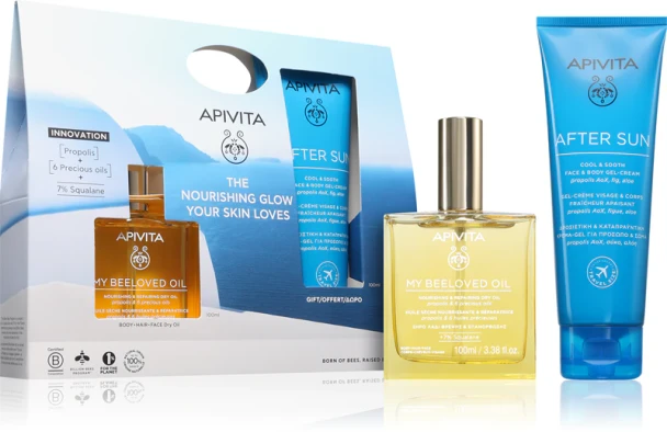 Apivita The Nourishing Glow Kit My Beeloved Oil Viso, Corpo E Capelli + Dopo Sole Confezione 2 Pezzi