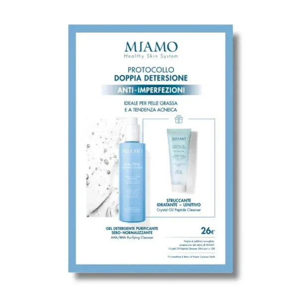 Miamo - Cofanetto Doppia Detersione Anti Imperfezioni Gel Detergente Aha/Bha + Crystal Oil Peptide Struccante Viso Confezione 2 Pezzi