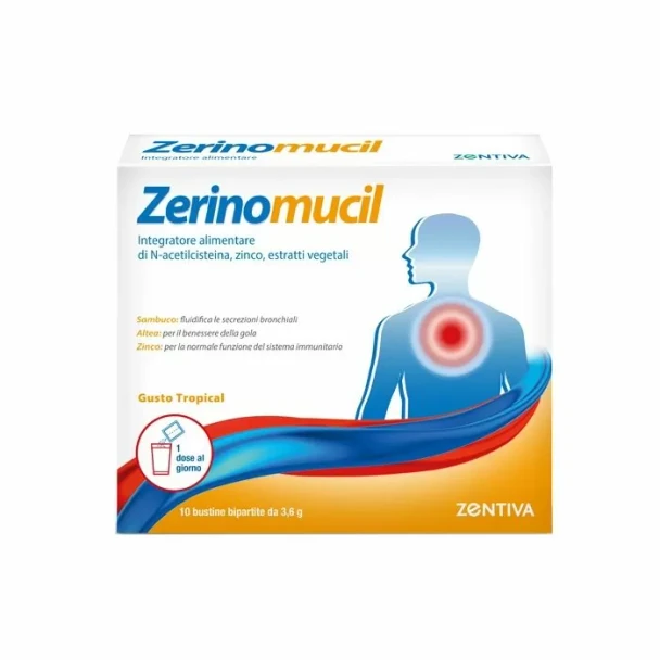 Zerinomucil - Integratore Alimentare Gola, Bronchi E Sistema Immunitario Gusto Tropical Confezione 10 Bustine