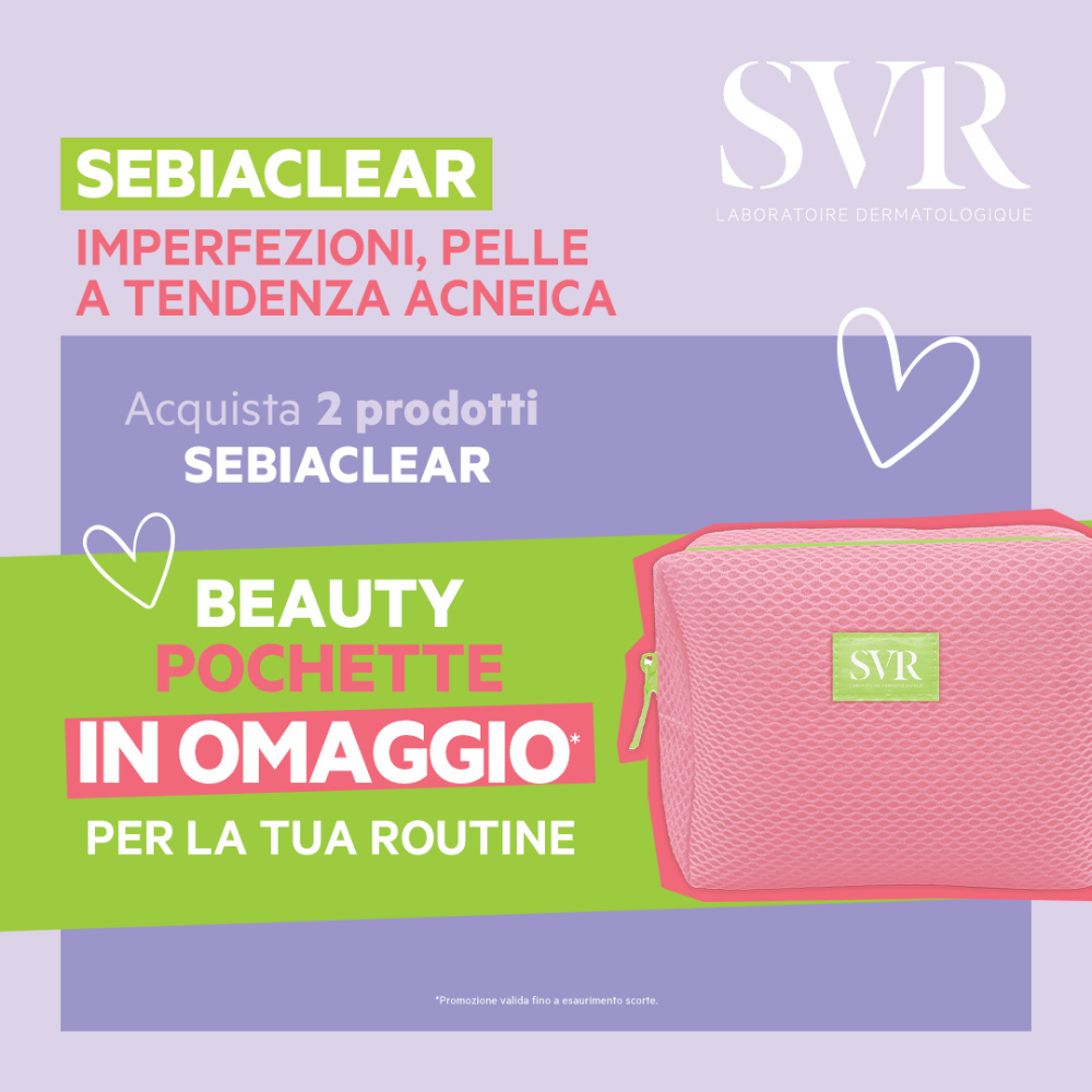 Scopri la promo di svr, se compri due prodotti di svr sebiaclear ottieni una pochette omaggio.