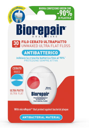 Biorepair - Filo Interdentale Cerato Ultra-Piatto Antibatterico Confezione 30 Mt Filo Interdentale cerato antibatterico e realizzato in mono-filamento, è ideale per spazi interdentali stretti e denti sensibili