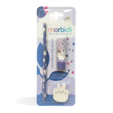 Morbidì - Kit Disegno Balsamo Stick Labbra Frutti di Bosco + Matita + Gomma da Cancellare Confezione 3 Pezzi