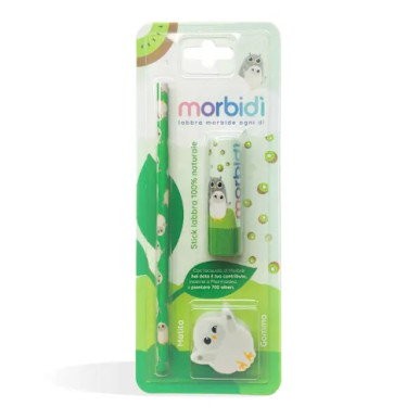 Morbidì - Kit Disegno Balsamo Stick Labbra Kiwi + Matita + Gomma da Cancellare Confezione 3 Pezzi