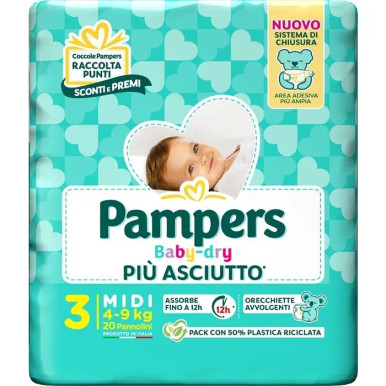 Pampers - Babydry Più Asciutto Taglia 3 Midi (4-9 Kg) Confezione 20 Pezzi