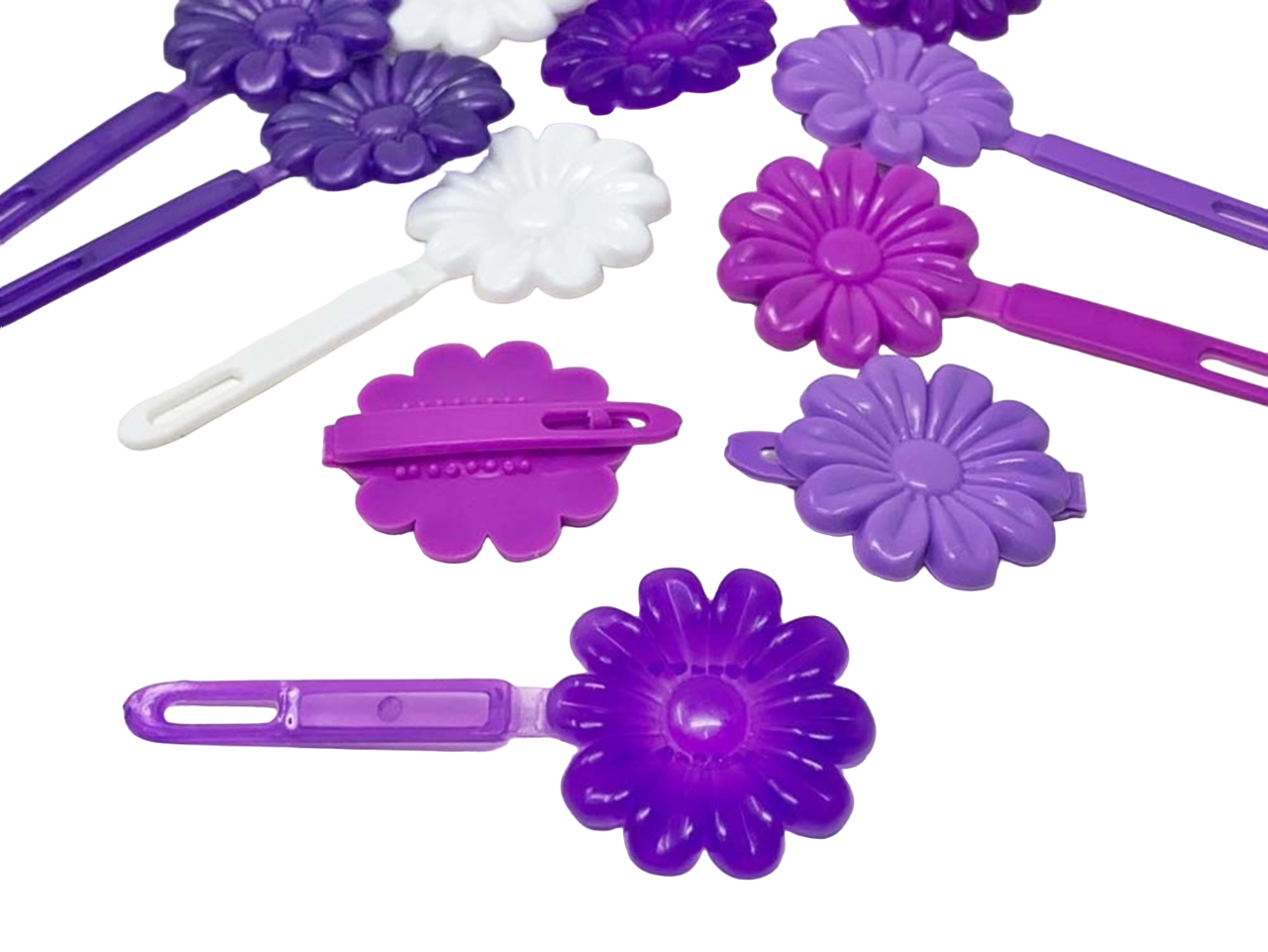 Tara Self Hinge Flower Hair Barrettes - Purple & White - 18 Pcs. Tara Self Hinge Flower Hair Barrettes - Purple & White - 18 Pcs.