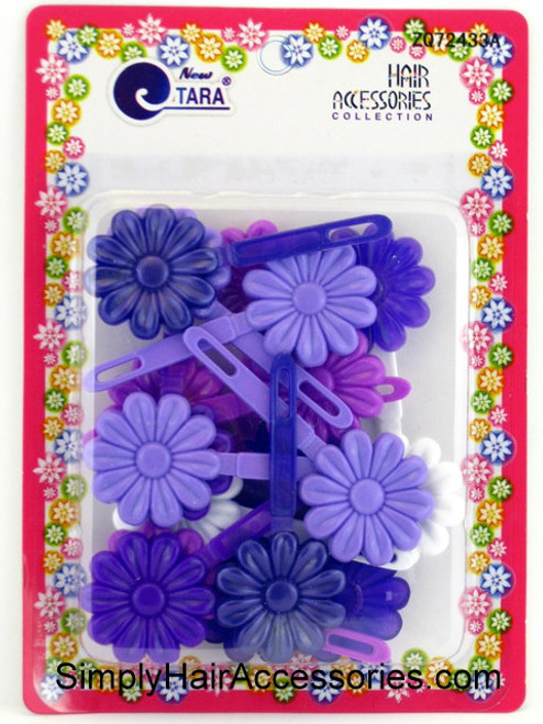 Tara Self Hinge Flower Hair Barrettes - Purple & White - 18 Pcs.