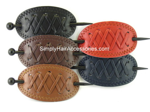 Oval Leather With X Stitched Pattern & Wood Hair Stick Hair Barrette