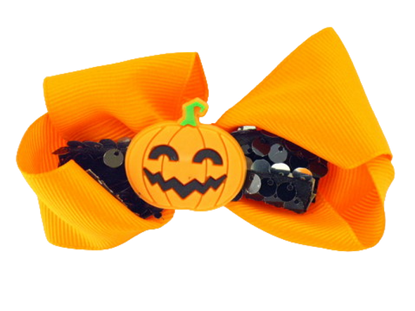 Halloween Orange Bow With Pumpkin Sequin & Lace Alligator Clip - Front of Bow