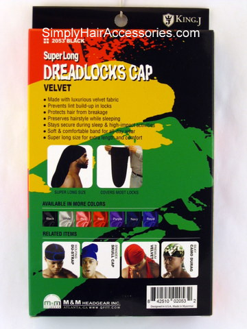 King.J Super Long Velvet Cap For Dreadlocks -  Back of Package