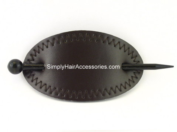 Oval Stitched Leather With Wooden Hair Stick - Dark Brown