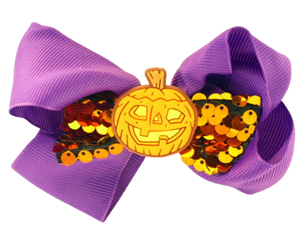 Halloween Purple Bow With Pumpkin Sequin & Lace Alligator Clip - Front of Bow