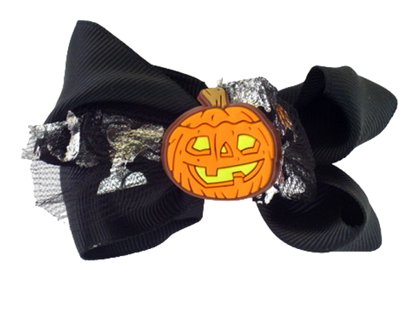 Halloween Orange Bow With Witch Hat & Lace Alligator Clip - Front of Bow