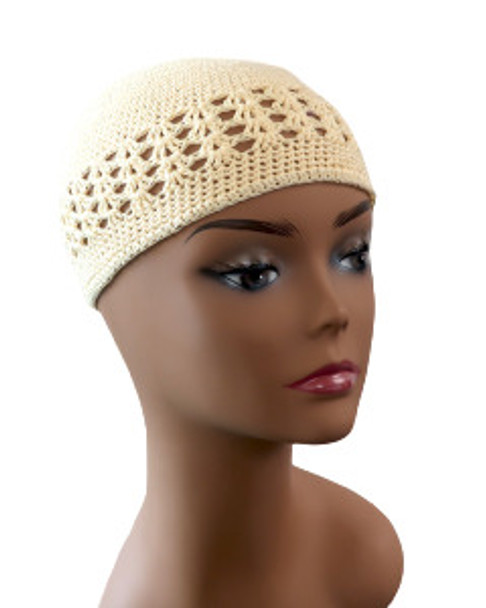 Fish Net Cream Knit Skull Kufi Cap