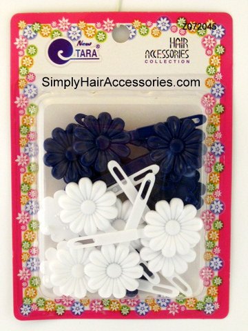 Tara Self Hinge Flower Barrettes - Blue & White - 18 Pcs.