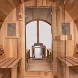 Redwood Outdoors - Panorama Barrel Sauna - Outdoor Sauna. The Panorama Barrel Sauna is our flagship sauna. It’s a must-have for properties surrounded by breathtaking natural scenery. Bathe in this eco-friendly sauna whilst taking in the great outdoors through the Panorama viewing window.