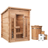 The Redwood Outdoors 4-person cabin sauna is the perfect choice for anyone with a smaller backyard. The compact design includes 2-level seating so you can cycle between high and low heats without changing your heater settings. Quick and easy assembly!