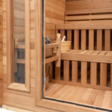 The Redwood Outdoors 4-person cabin sauna is the perfect choice for anyone with a smaller backyard. The compact design includes 2-level seating so you can cycle between high and low heats without changing your heater settings. Quick and easy assembly!