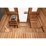 Every Redwood Outdoors sauna kit comes complete with a Harvia electric heater, wooden heater guard, water bucket & ladle, sauna rocks, and interior seating benches.