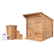 The Redwood Outdoors 8 person garden sauna is a stylish modern cube sauna design that is the perfect fit for any backyard. Complete your Fire & Ice Bundle with the Alaskan Cold Plunge Tub.