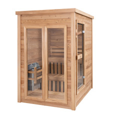 A modern indoor sauna with a bright roomy interior. Compact dimensions that can fit great in a bathroom, basement, or home gym. Reward yourself with a dry sauna session after a long day.