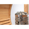 Every Redwood Outdoors Panorama Barrel Sauna with Porch comes with a Harvia electric sauna heater, water bucket & ladle, sauna rocks, and backrests.