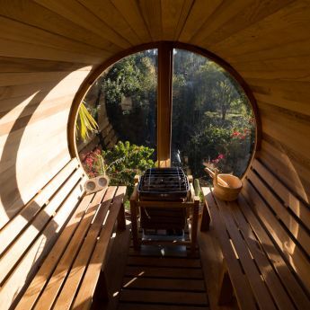 panorama barrel sauna with porch