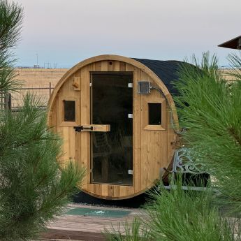 Backyard barrel sauna