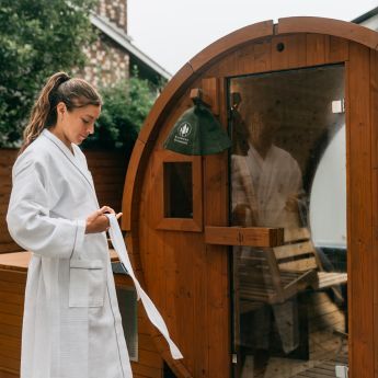 Backyard 6 person barrel sauna