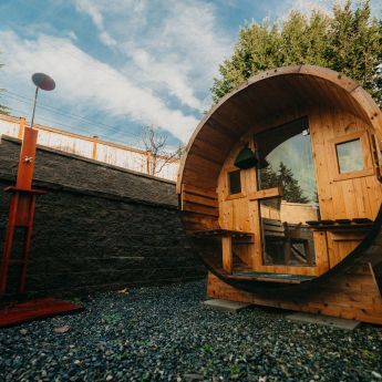 6 person barrel sauna with porch