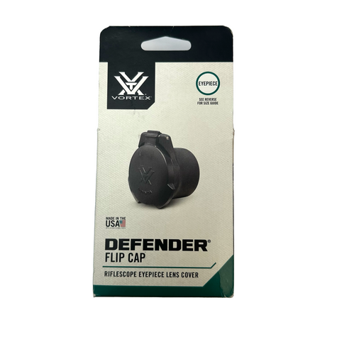 Vortex Defender Flip Cap, designed for riflescope eyepiece lens covers with a diameter range of 41.5-46mm. This flip cap provides protection for the eyepiece lens, flipping up for quick access to the lens and flipping down for protection during storage or transport. It features a durable construction and is compatible with various riflescopes. Ideal for hunters, shooters, and outdoor enthusiasts seeking reliable lens protection.