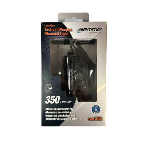 Nightstick TWM-352 flashlight, new in its original packaging box. The TWM-352 is a tactical flashlight known for its durability and performance. Ideal for law enforcement, security personnel, and outdoor enthusiasts seeking reliable illumination in various conditions.
