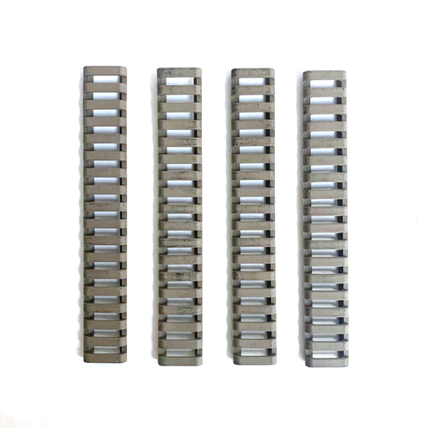 set of 4 Picatinny Rail Ladders, protective covers designed to fit onto Picatinny rail sections. These ladders provide a comfortable grip and protect the rails from damage, while also reducing heat transfer to the shooter's hand during prolonged shooting sessions. Ideal for improving weapon handling and comfort on firearms equipped with Picatinny rails.