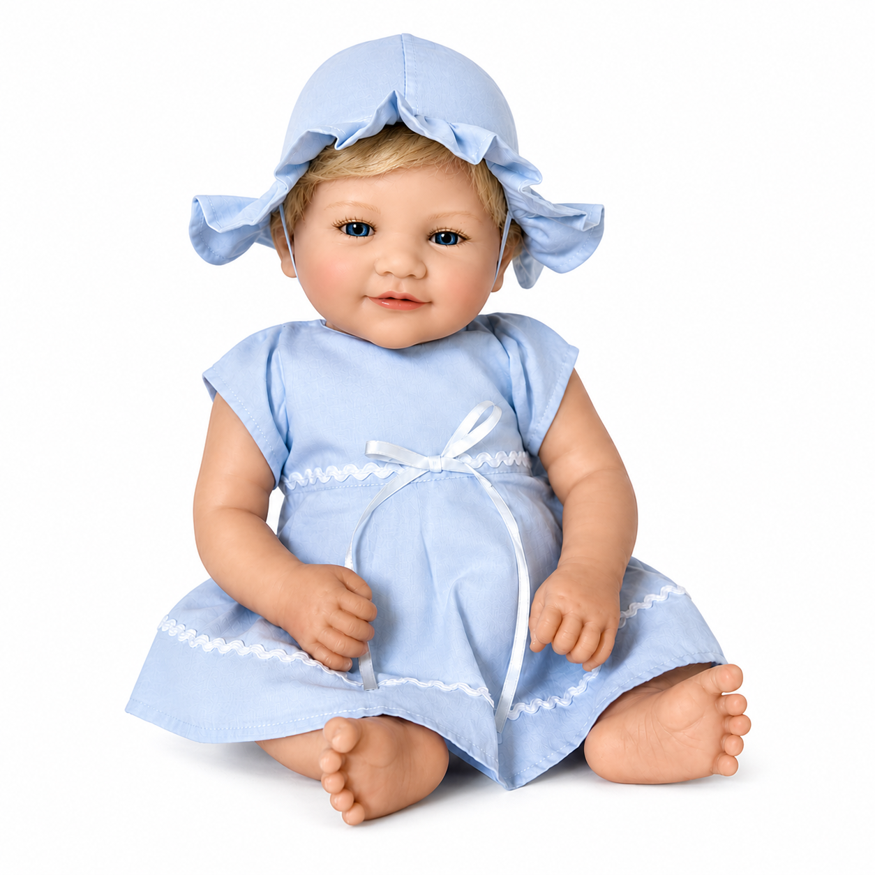 Baby Grace – 20 Inch Baby Dimples Doll in Blue Summer Dress with Hat &  Diaper Cover