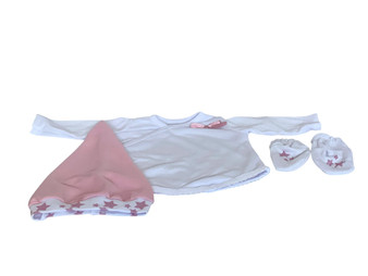 Ann Lauren Dolls Starry Night layette set in pink for 16–20 inch dolls, includes white gown with bow, pink star-print cap, and booties.