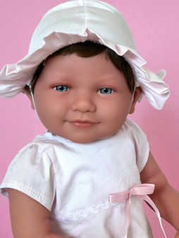 Faith 20 inch Baby Dimples Doll in pink dress with matching bonnet and diaper cover – Ann Lauren Dolls® handmade heirloom-quality doll.