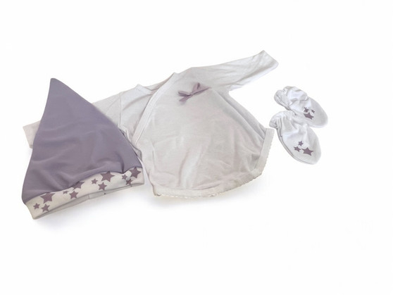 Ann Lauren Dolls Starry Night layette set for 16–20 inch dolls, includes white gown, purple star-print cap, and matching booties.