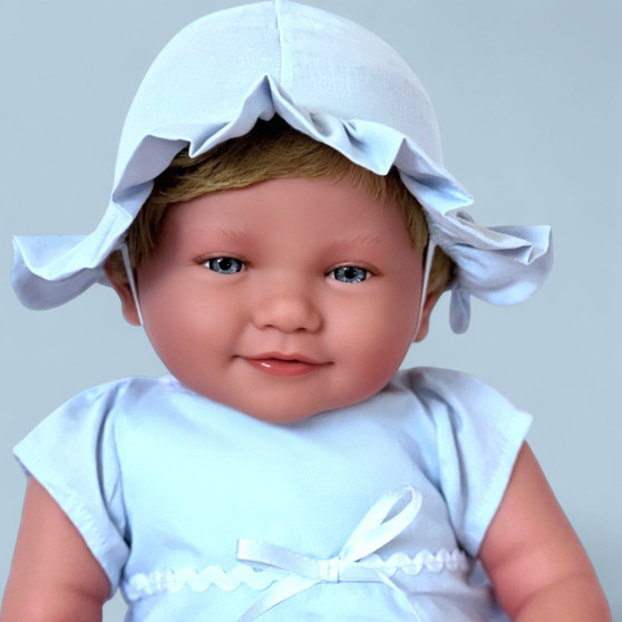 Baby Grace 20 inch Baby Dimples Doll wearing blue summer dress, bonnet hat, and diaper cover – Ann Lauren Dolls® handmade heirloom doll.