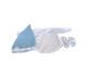 Ann Lauren Dolls Starry Night layette set in blue for 16–20 inch dolls, includes white gown with bow, blue star-print cap, and booties.