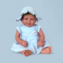 Baby Grace 20 inch Baby Dimples Doll wearing blue summer dress, bonnet hat, and diaper cover – Ann Lauren Dolls® handmade heirloom doll.