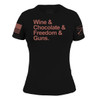 GRUNT STYLE-WINE & CHOCOLATE & FREEDOM & GUNS WOMEN'S TEE-BLACK